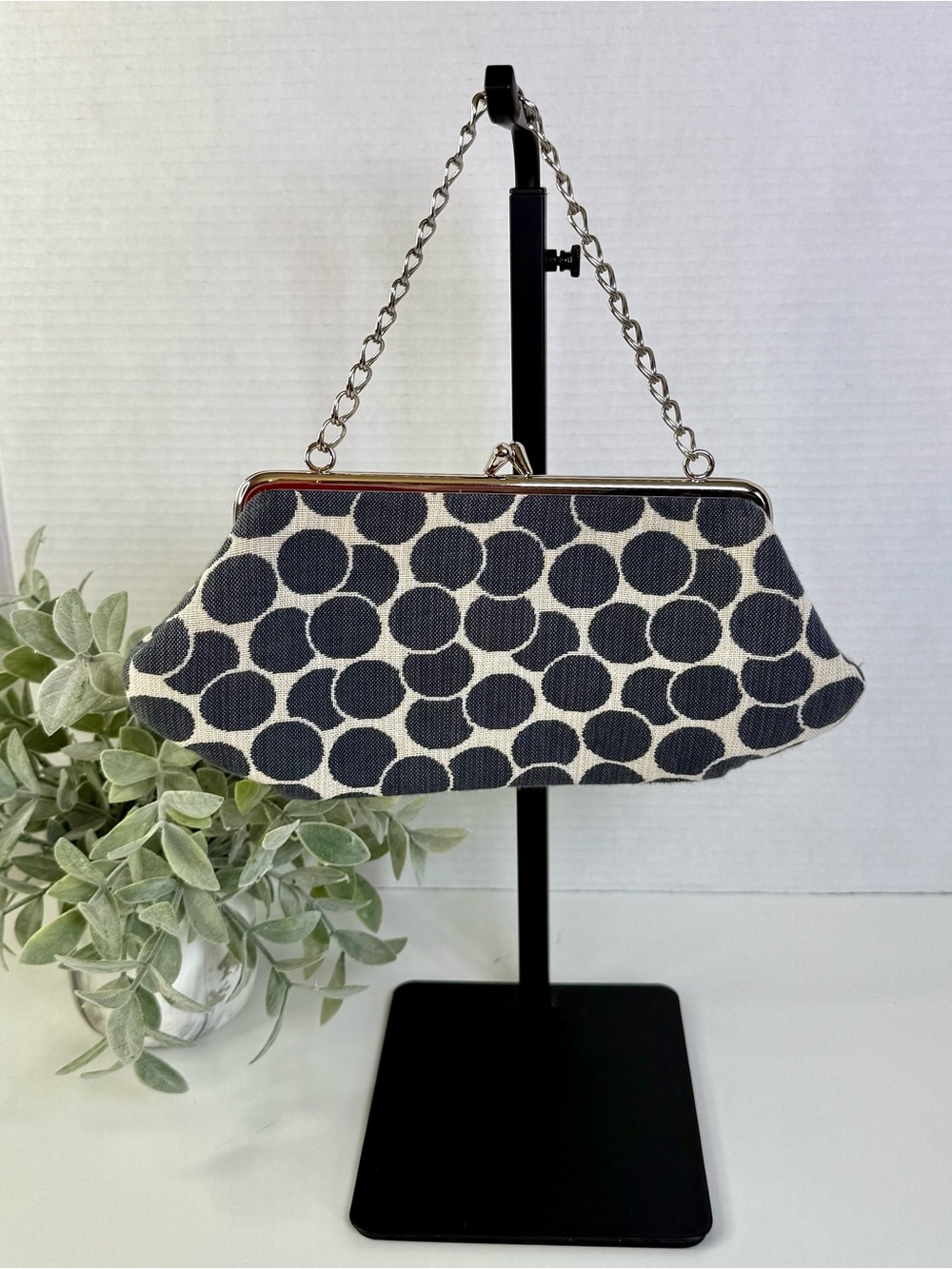 1154 Lill Studio Polka Dot Fabric Clutch Evening Bag Gray Cream Kiss Lock Frame - Picture 2 of 15